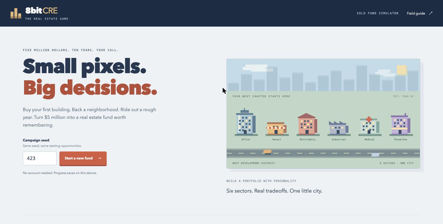 8bit CRE landing page: manage a $5 million commercial real estate fund for ten years across six sectors