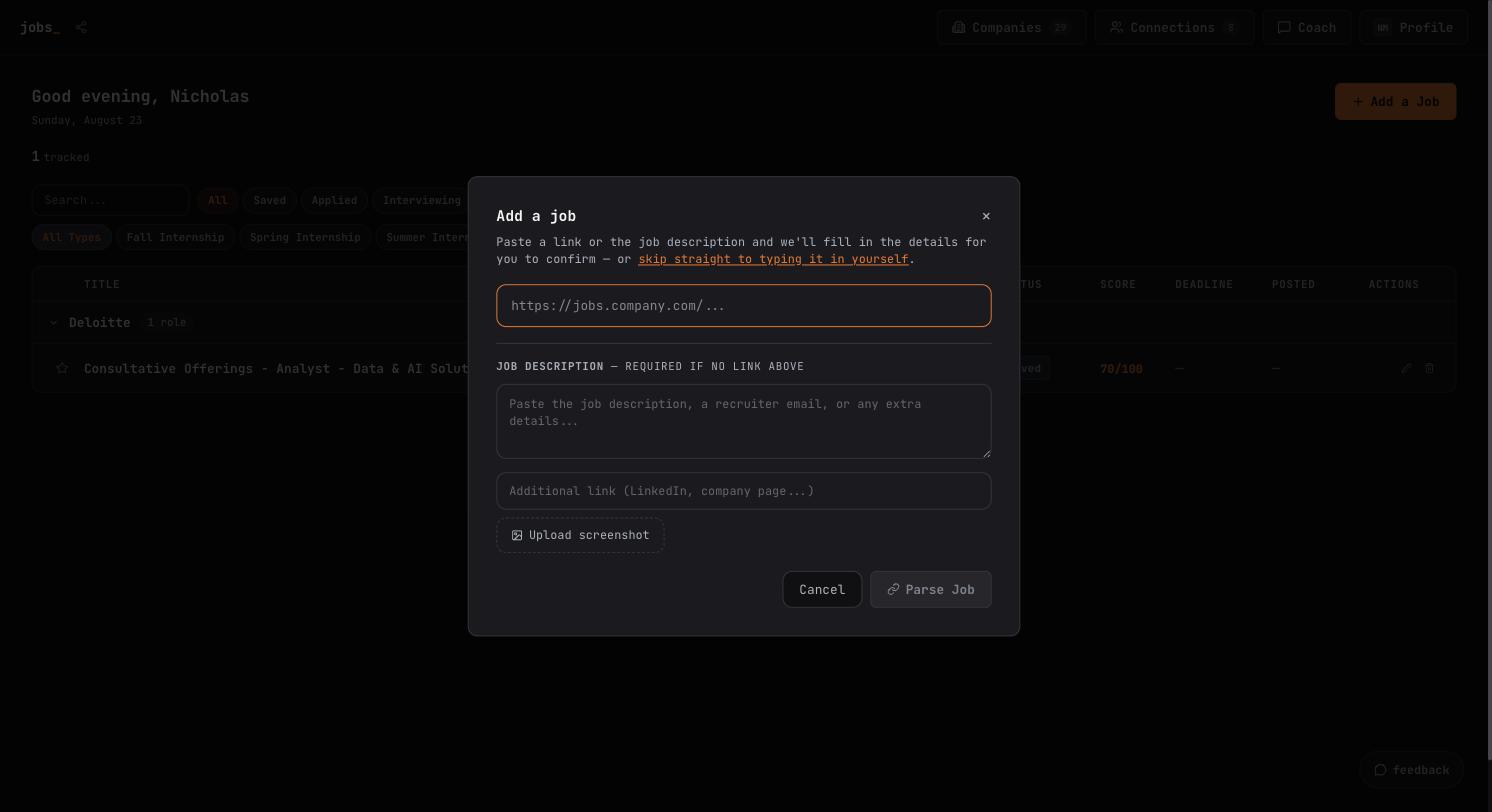 Adding a job to Career Dashboard: paste a link or job description and it fills in the details