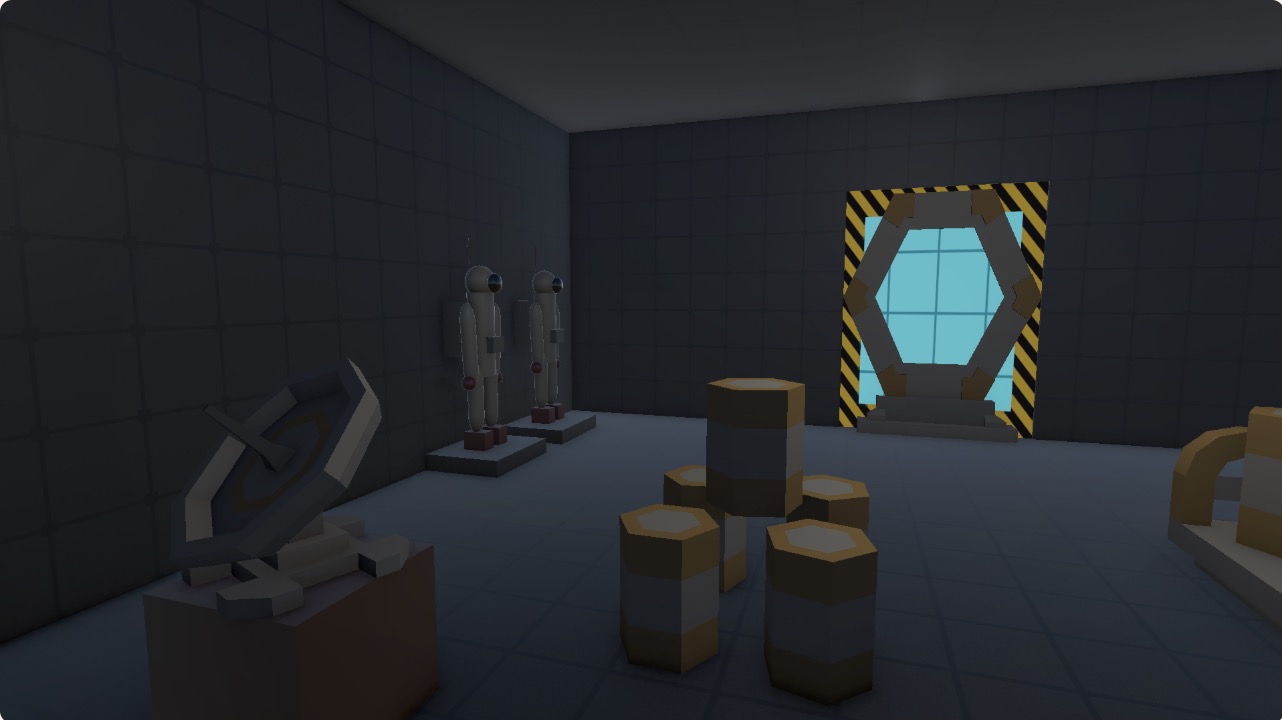 CIM 423 3D World: the Docking Bay room with a hazard-striped airlock, cargo barrels, and two space-suit mannequins