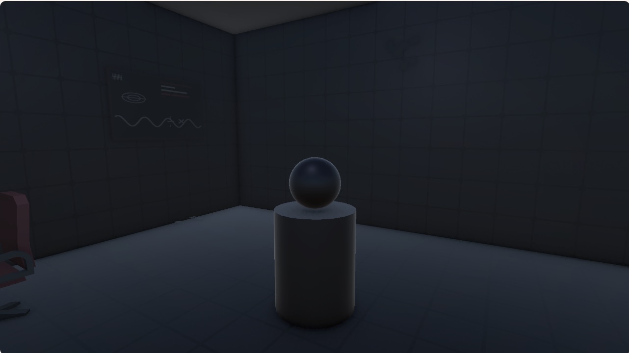 CIM 423 3D World: the Lab room with an artifact glowing on a pedestal, where the story's twist happens