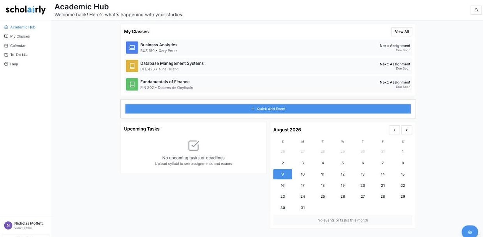scholairly Academic Hub dashboard showing enrolled classes, upcoming tasks, and a calendar of assignments and exams