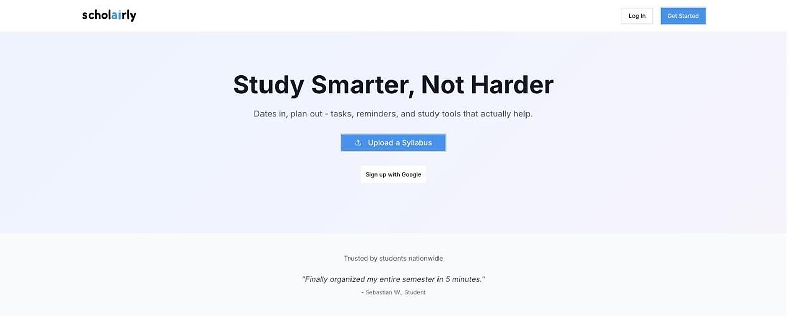 scholairly landing page: study smarter with syllabus upload, tasks, reminders, and study tools