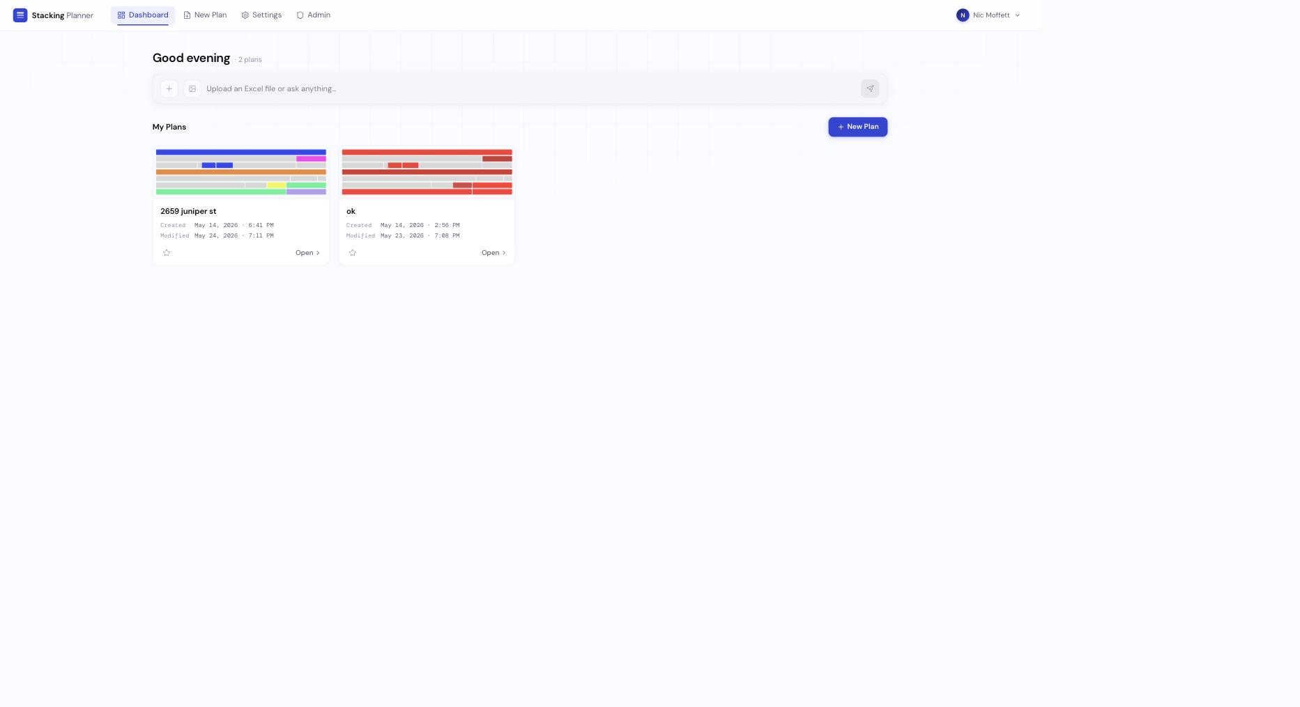 StackingPlanner dashboard showing a list of saved stacking plans