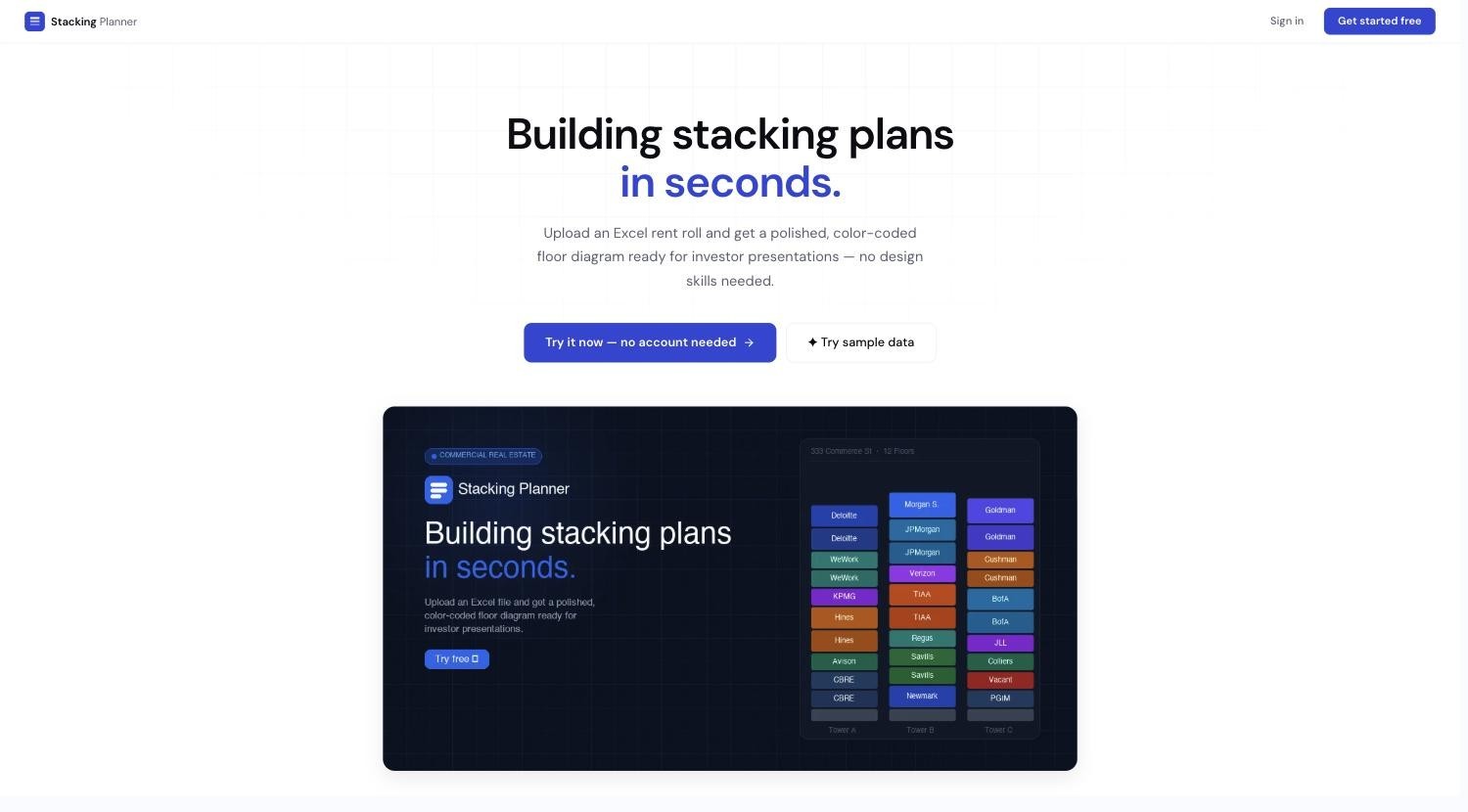 StackingPlanner landing page: upload an Excel rent roll and get a stacking plan in seconds