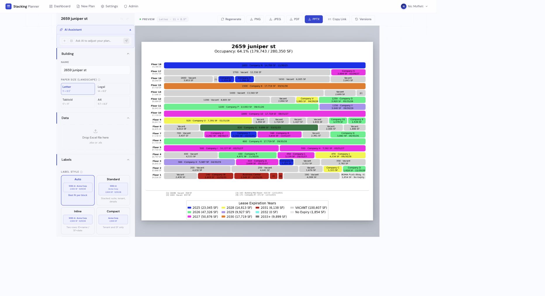 StackingPlanner's color-coded stacking chart editor with the natural-language AI assistant panel open