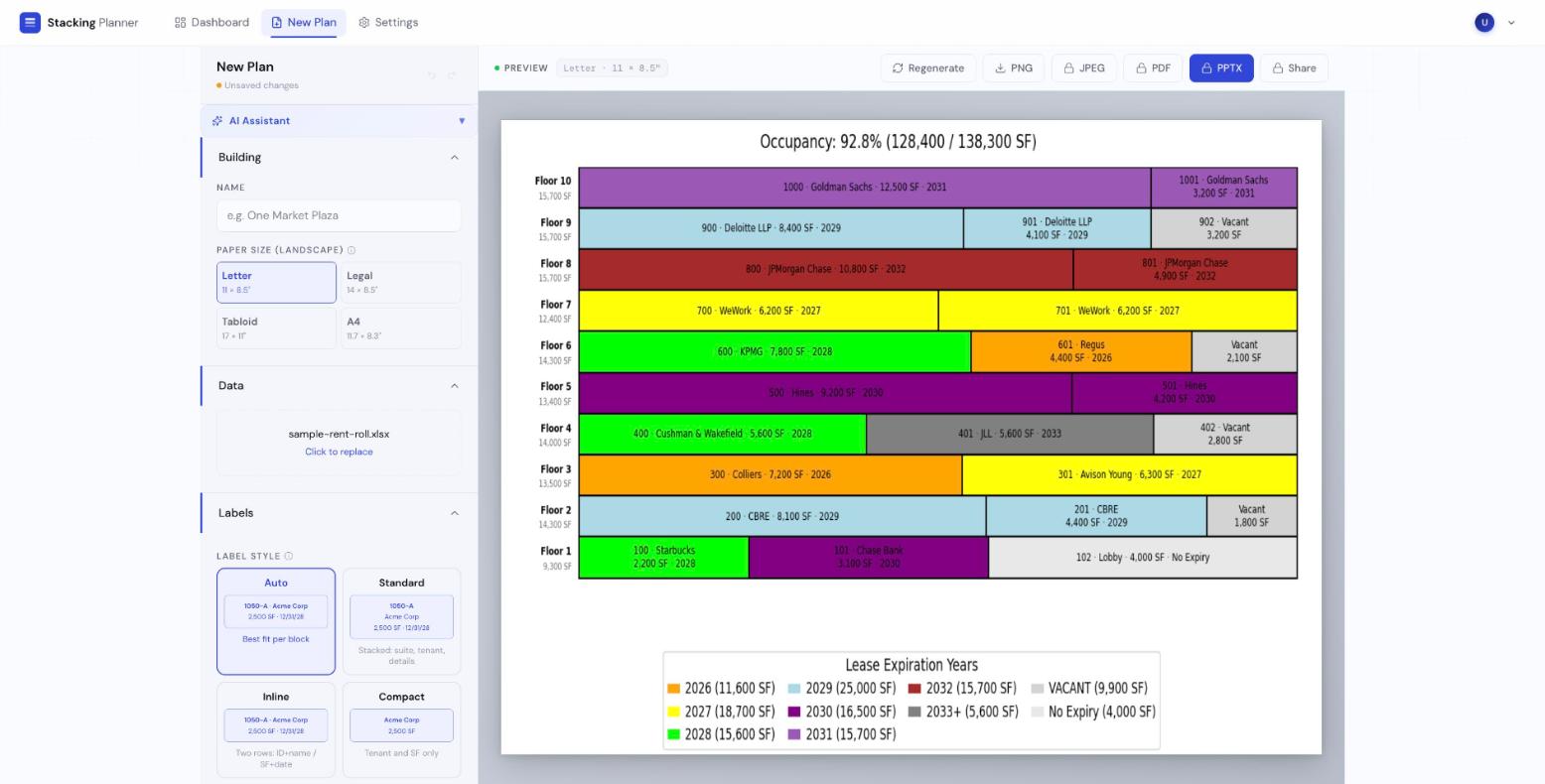 A color-coded stacking plan generated from sample data, showing tenants, square footage, and lease expirations by floor